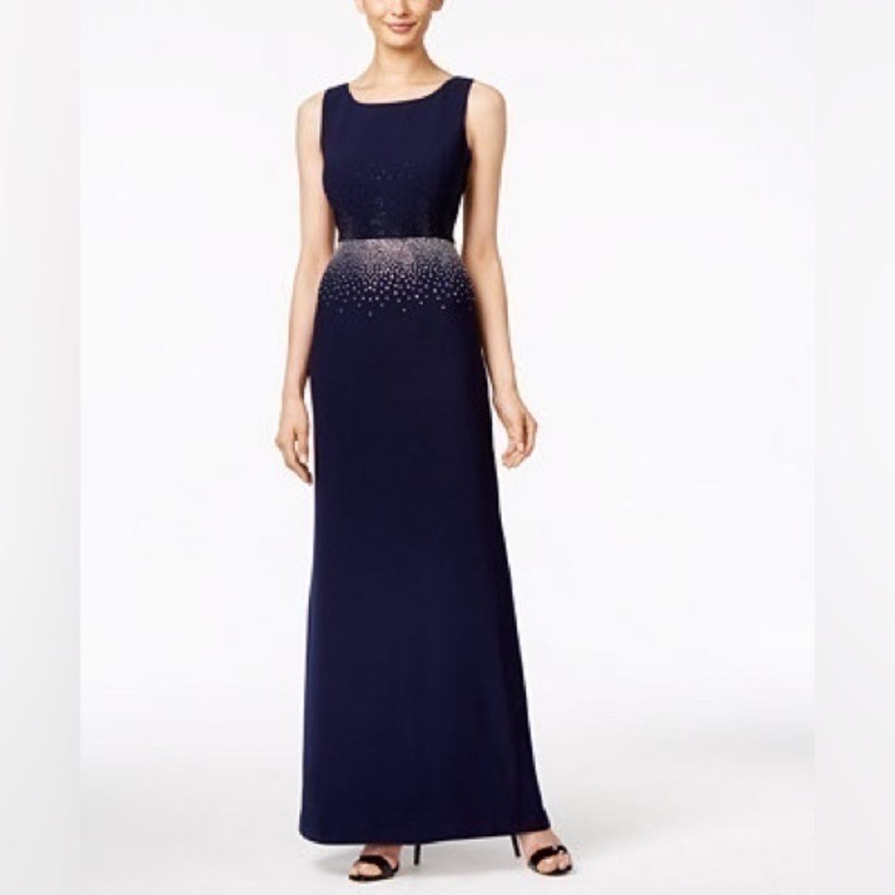 Calvin Klein navy blue stud rhinestone waist maxi full length gown dress 10 YY29